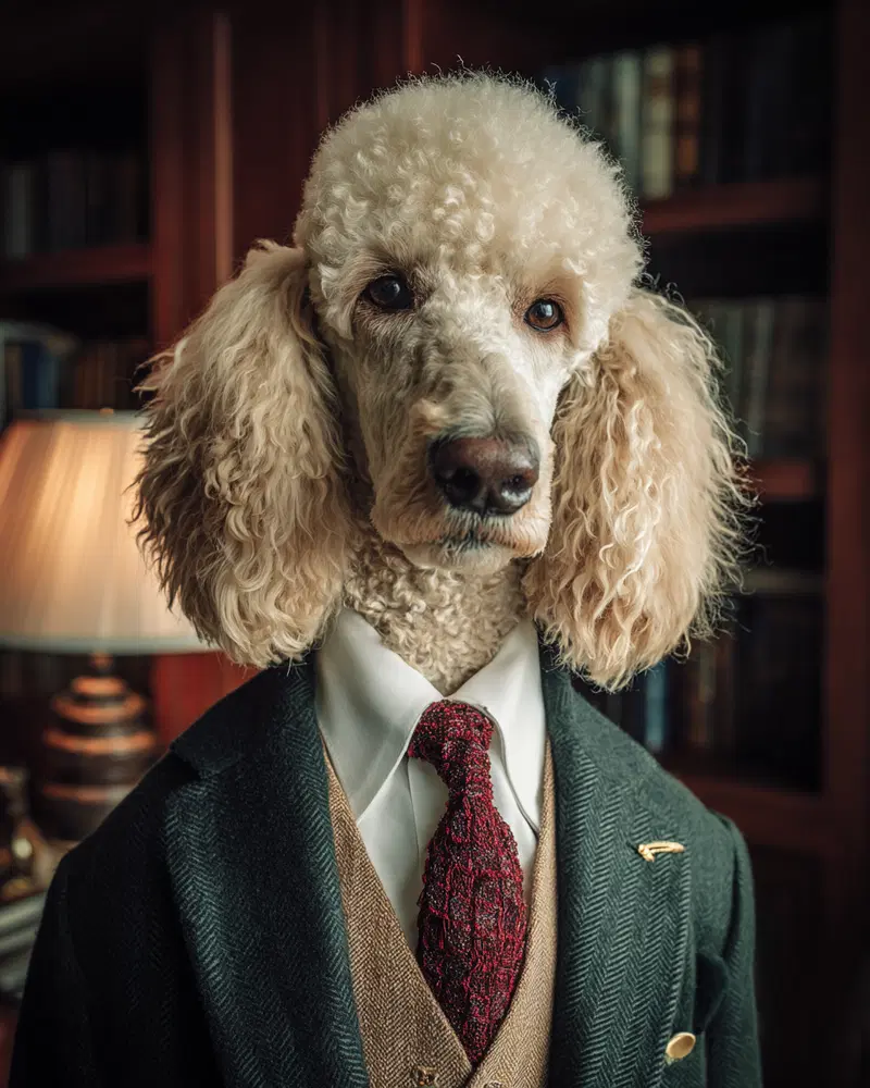 Portrait of a poodle dog dressed in sophisticated men's formal attire