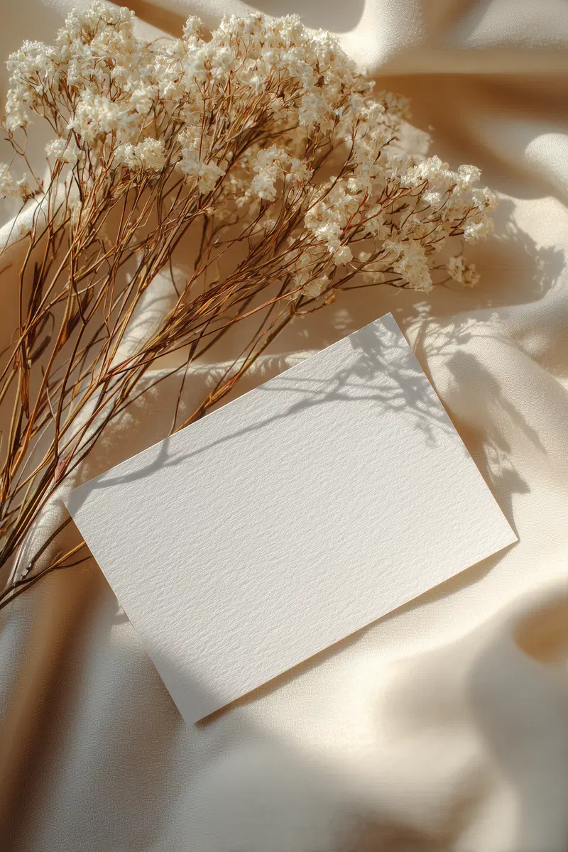 Delicate dried white flowers casting shadows on a blank card over cream silk fabric