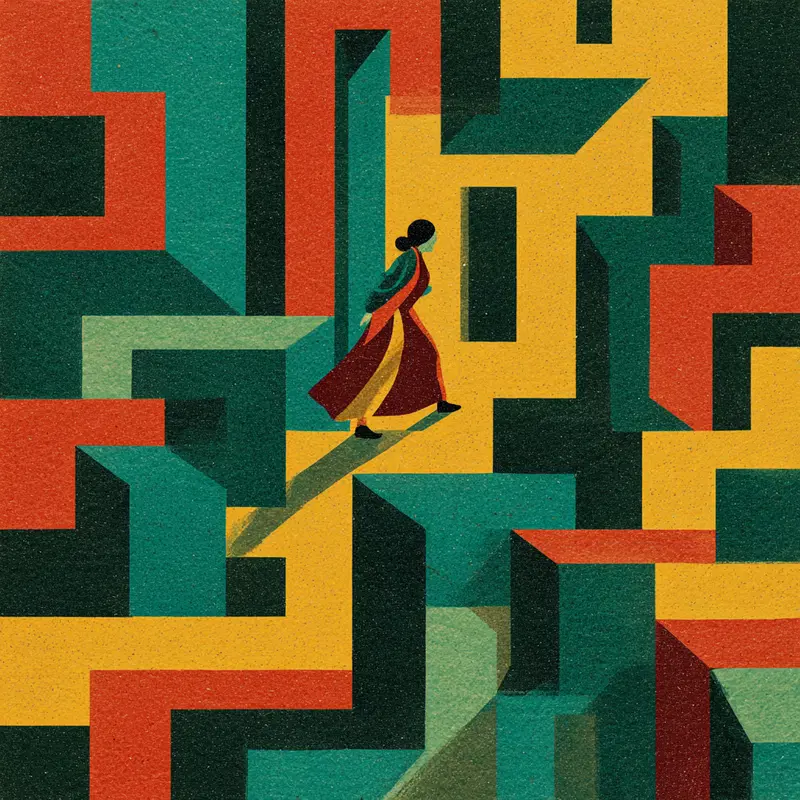 Abstract geometric illustration of a woman walking through a colorful maze