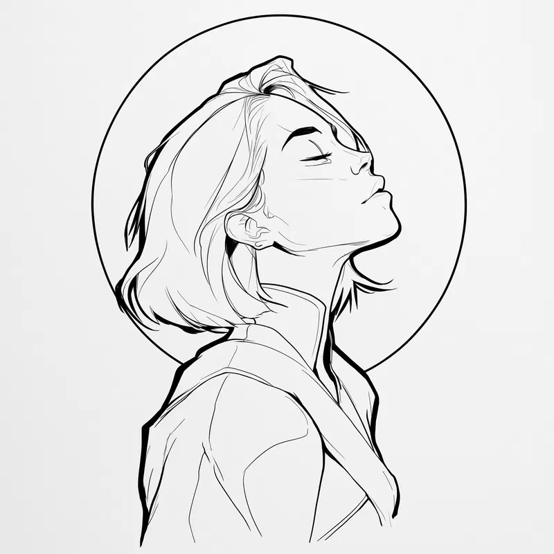 Black and white line art portrait of a woman with short hair and eyes closed
