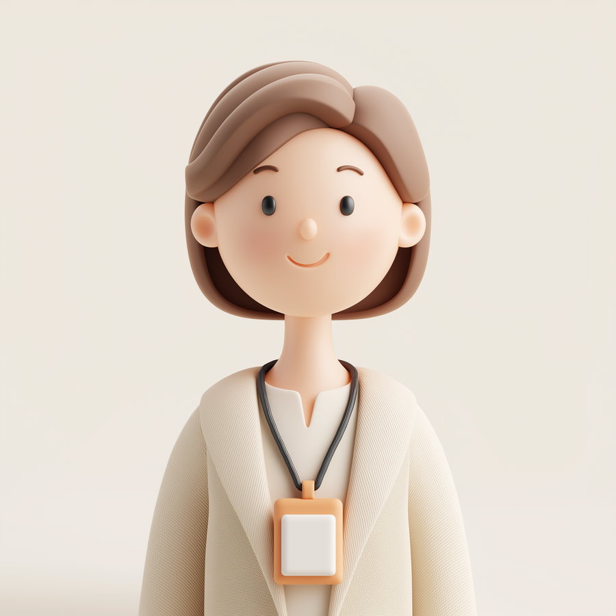 3D rendered illustration of a woman with short brown hair, simple facial features, wearing a light beige coat and a white top, with an orange and white badge on a black lanyard around her neck, on a plain beige background