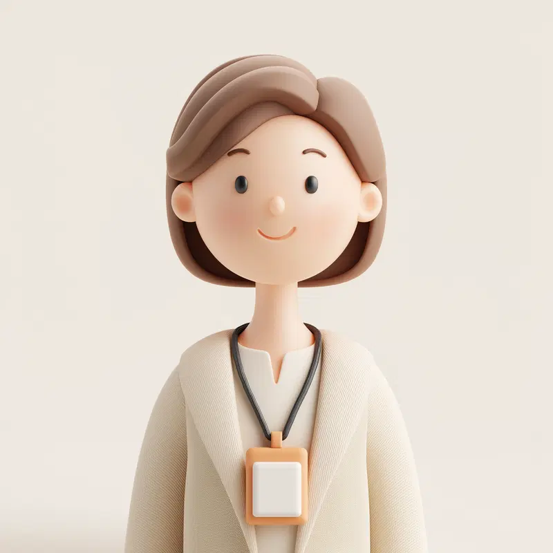 3D digital illustration of a smiling woman with short hair wearing a beige coat and a lanyard