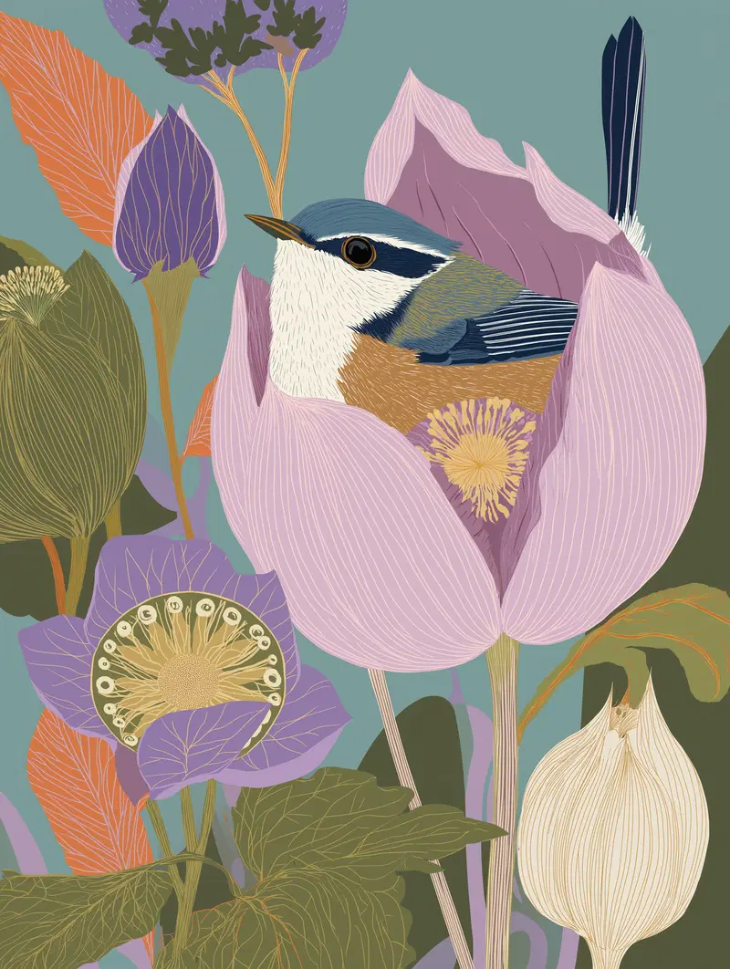 Detailed digital illustration of a small bird nestled inside a stylized flower surrounded by colorful foliage