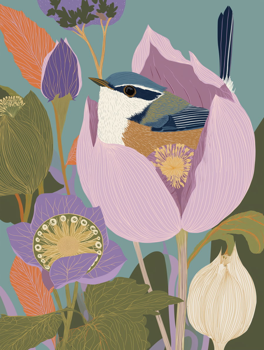 A digital artwork featuring a small bird with blue and brown feathers sitting inside a large pink flower, surrounded by various purple and green leaves and blooms on a muted teal background