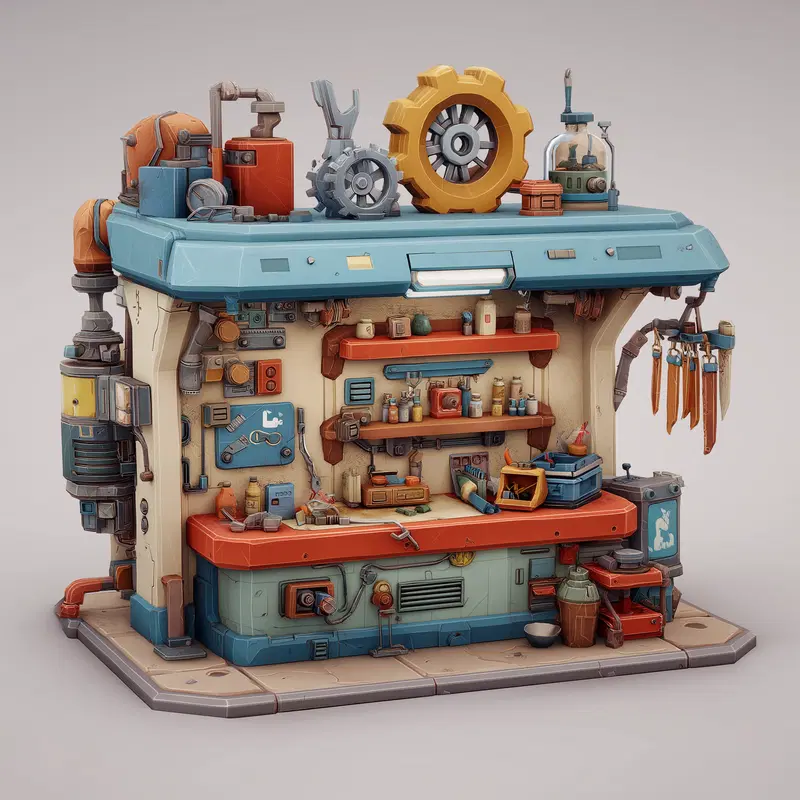 Detailed 3D render of a colorful futuristic workbench with tools