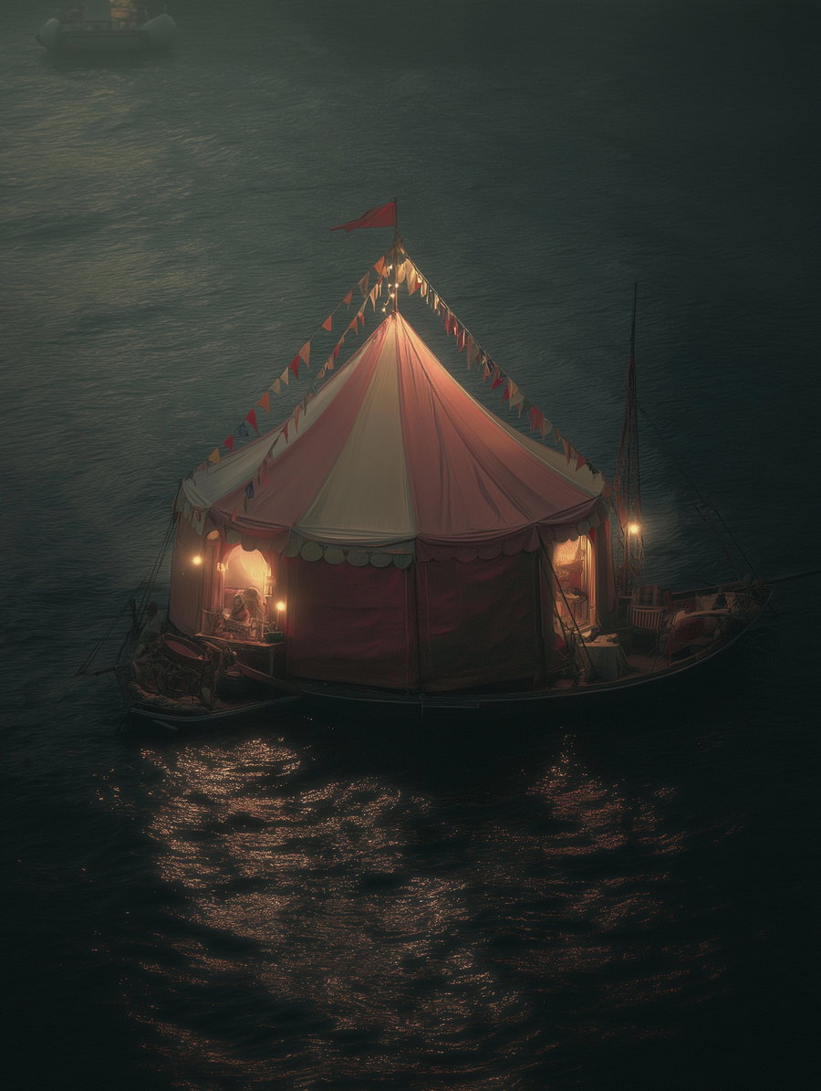 A round tent with a red and white canopy decorated with small triangular flags, floating on a dark body of water with small lights inside and outside casting reflections on the water