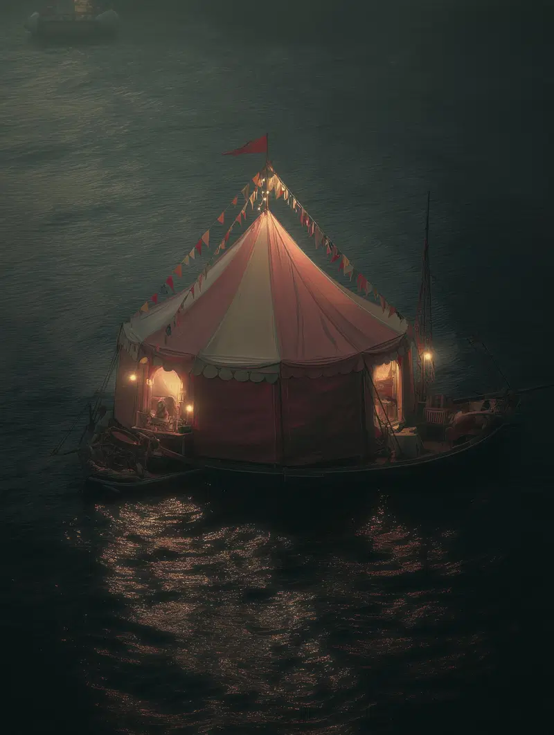 A magical tent floating on water illuminated by soft glowing lights at night