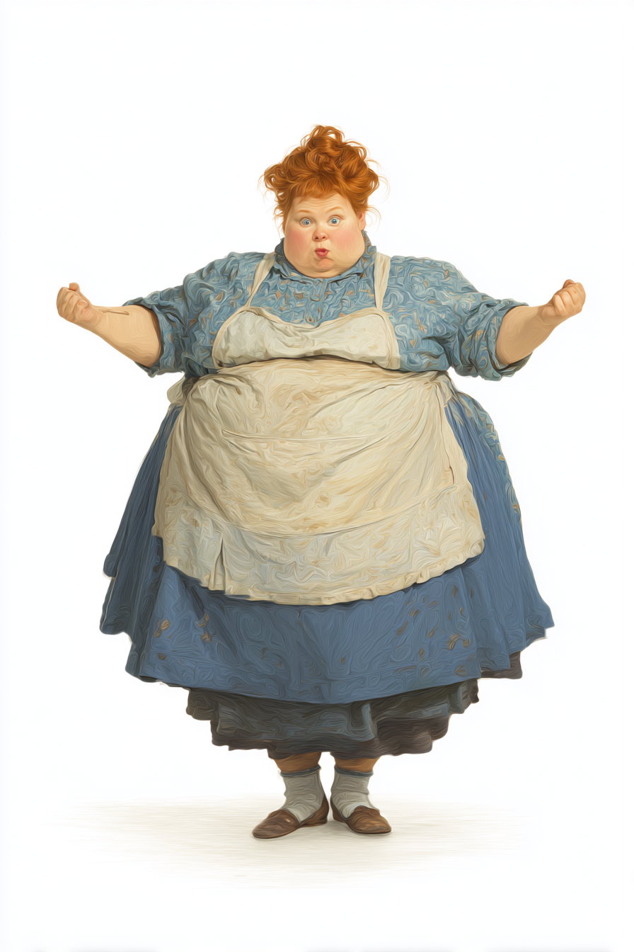 Portrait of a red-haired woman wearing a blue dress with a white apron, standing with arms outstretched and an expressive facial gesture against a white background
