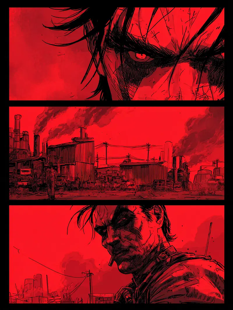 Dark and gritty comic-style portrait with industrial ruins background