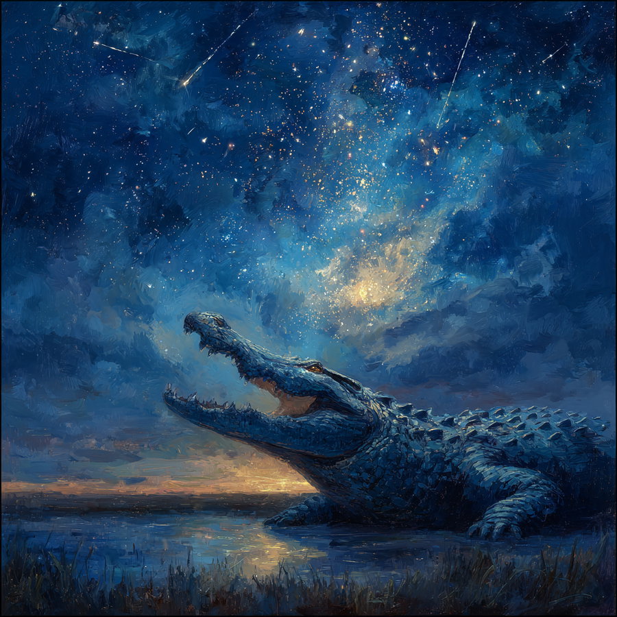 A large crocodile lying near water under a vibrant night sky filled with stars, cosmic light, and glowing celestial objects, painted in a detailed fantasy style