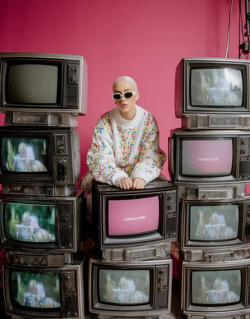 Fashion portrait of a woman in colorful outfit surrounded by vintage TVs