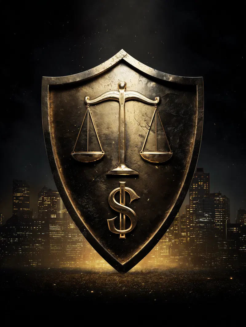 Golden scales of justice and dollar sign on a shield with cityscape background