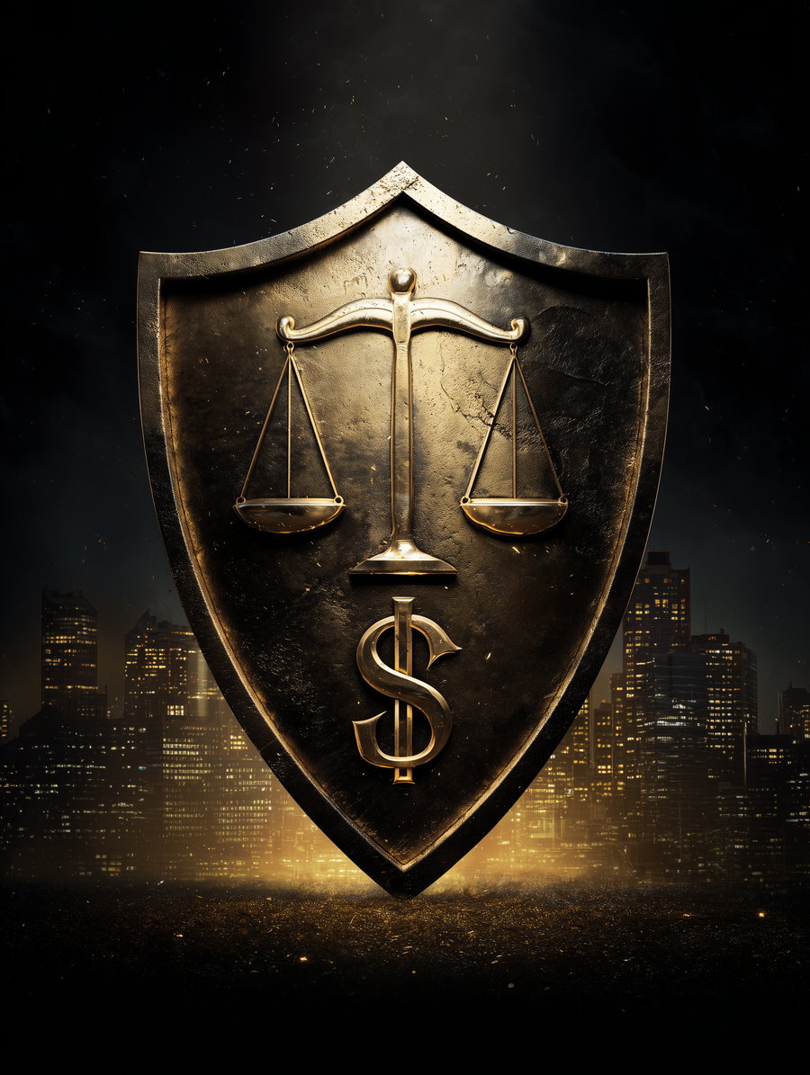 A golden shield with a scale of justice and dollar sign embossed on it, glowing against a dark city skyline at night