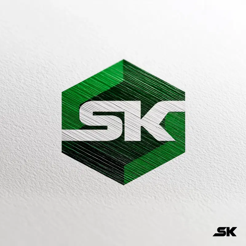 Digital illustration of a stylized SK logo with green hexagonal background