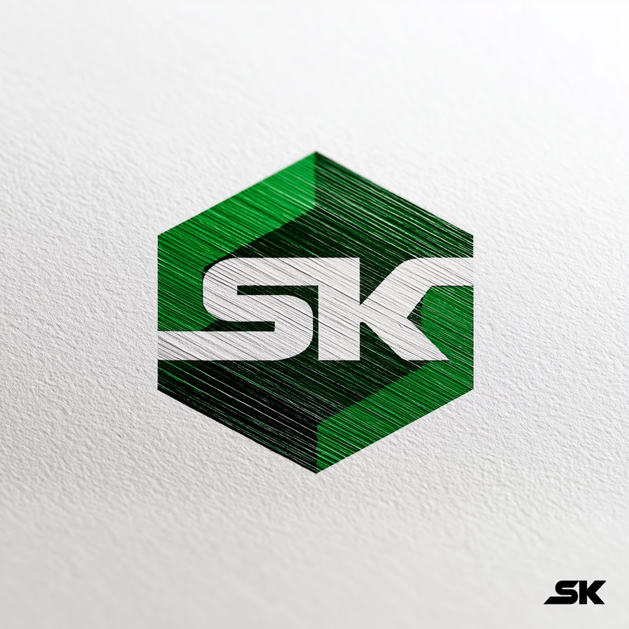 A close-up image of a textured paper with a digital illustration of a stylized SK logo in white color on a green hexagonal background with diagonal lines