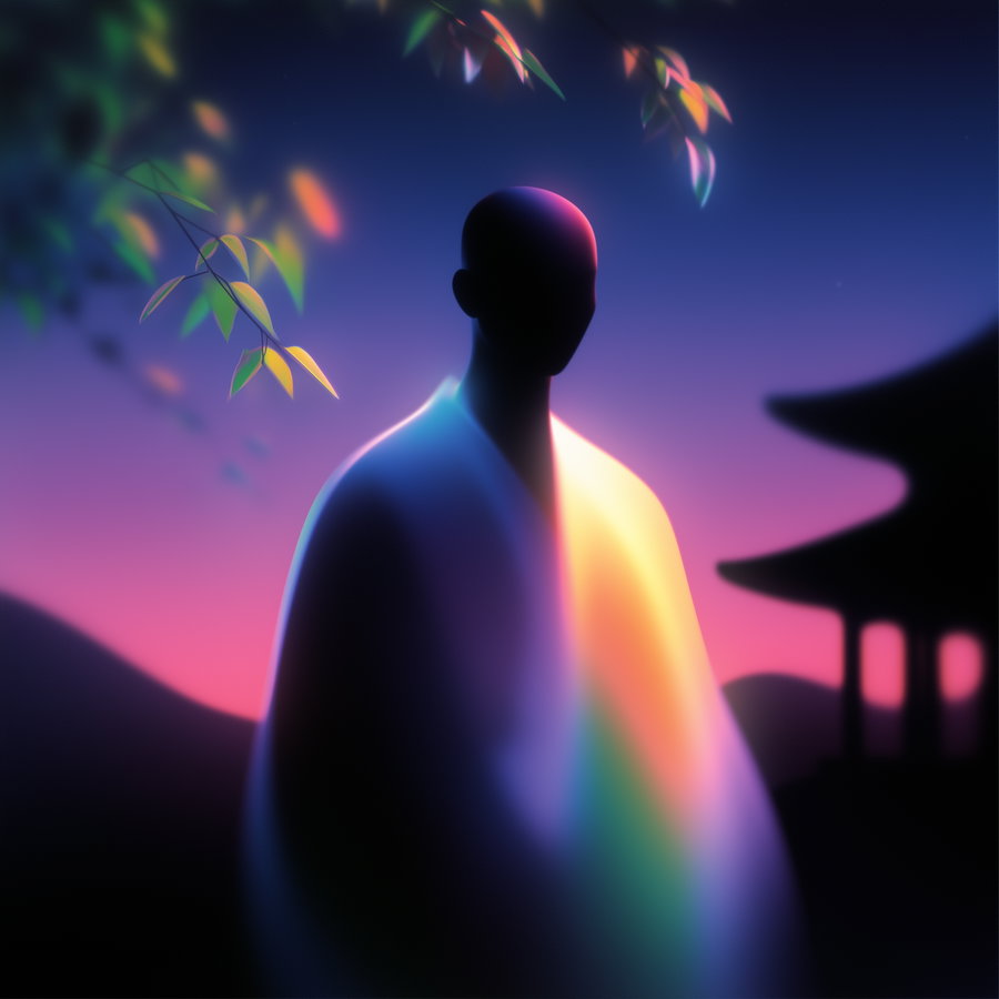 A digital art piece showing a silhouette of a bald male figure with a glowing gradient robe standing outdoors during twilight. Leaves are visible in the foreground and a traditional East Asian pagoda structure is in the background under a vibrant purple and pink sky.