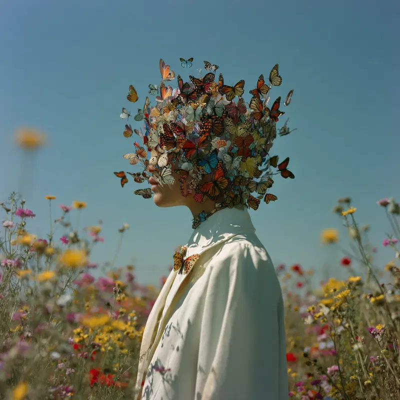 Surreal portrait of a person with a swarm of butterflies covering their face in a flower field
