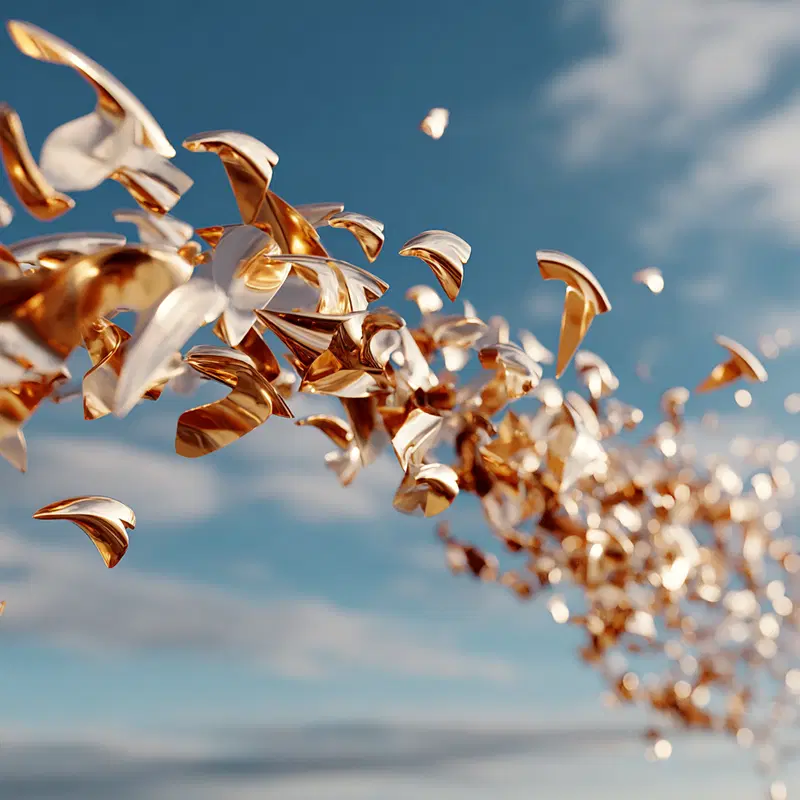 Abstract digital art featuring dynamic golden metallic shapes against a blue sky
