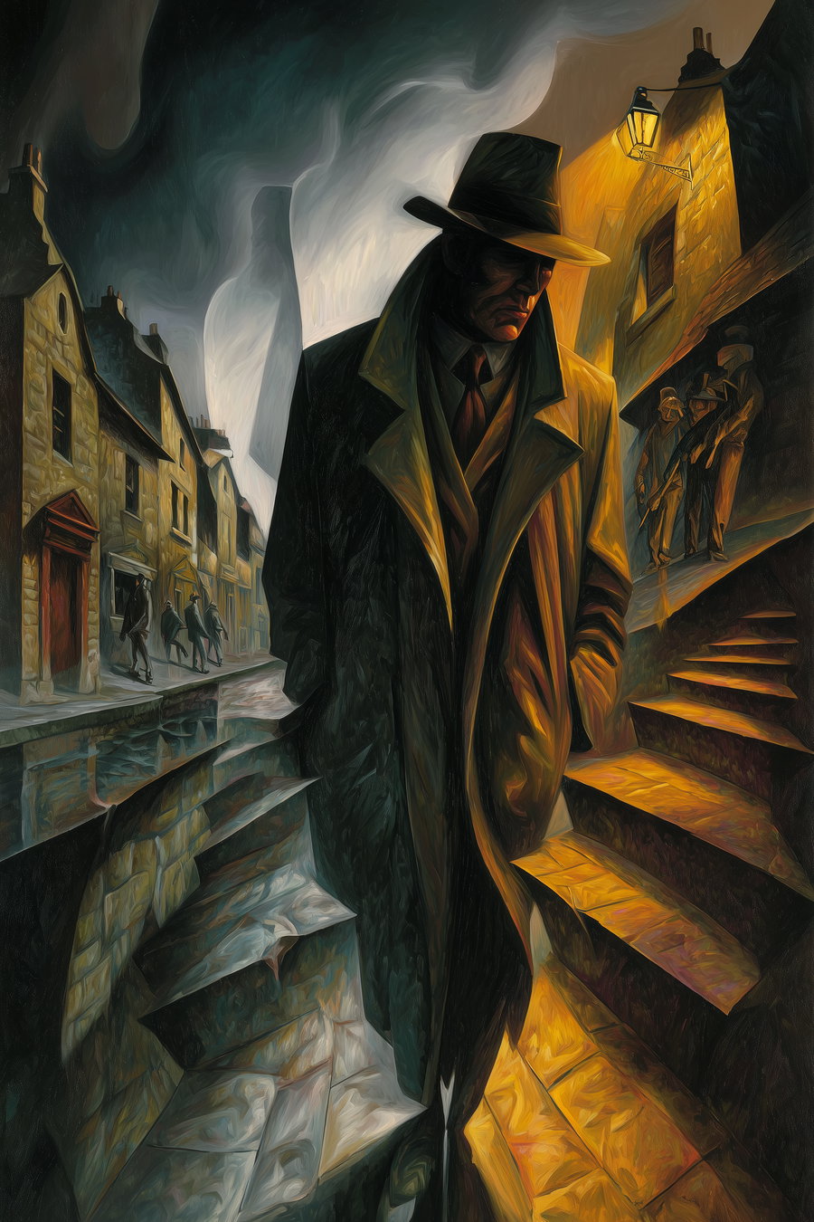 A man wearing a hat and trench coat stands on illuminated stairs with shadowy buildings, other men in coats in the background, and a cloudy sky.