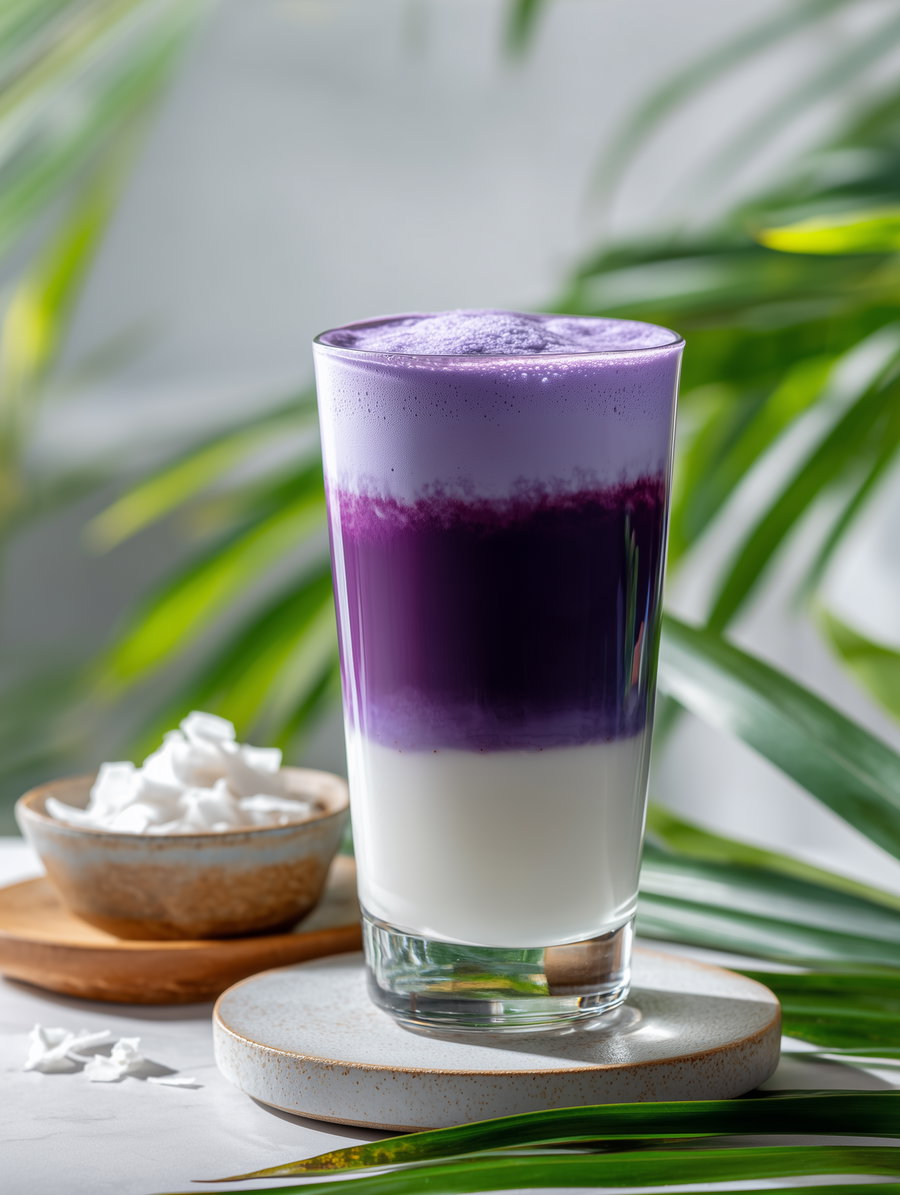 A tall glass containing a layered beverage with white milk at the bottom and a foamy purple layer on top, placed on a ceramic coaster with green palm leaves in the background and a small bowl of white coconut flakes nearby