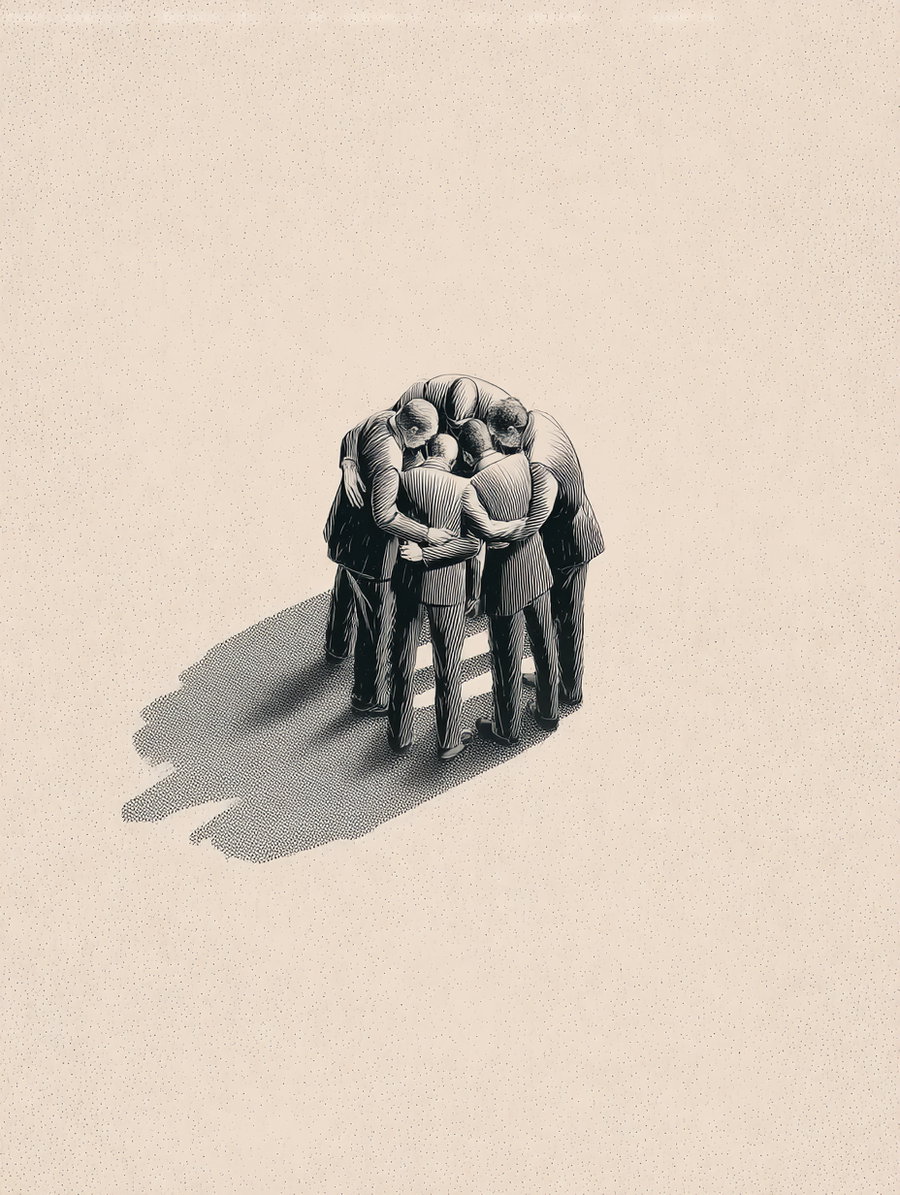 Drawing of five men wearing suits standing closely together and hugging in a circle on a beige background with shadows