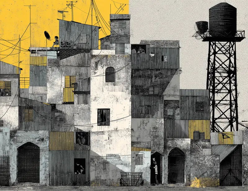 Intricate architectural illustration of densely packed buildings with water tower