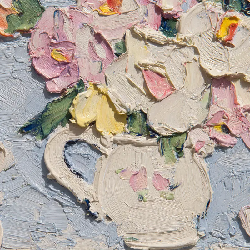 Detailed oil painting of flowers in a ceramic vase with textured brushstrokes