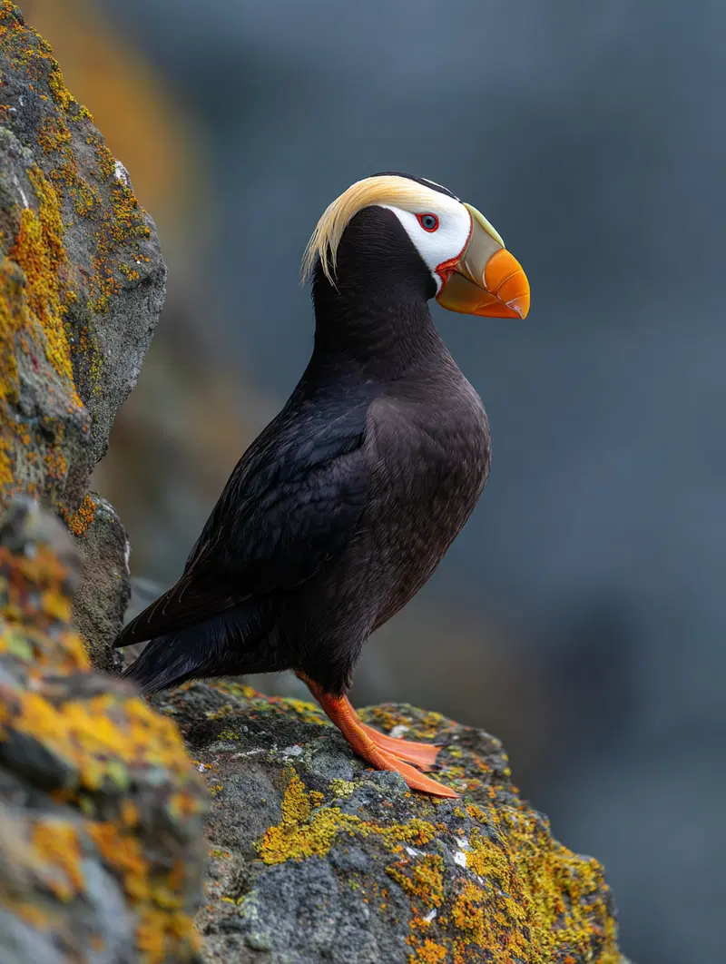 Close-up of a tufted puffin standing on a lichen-covered rock in nature