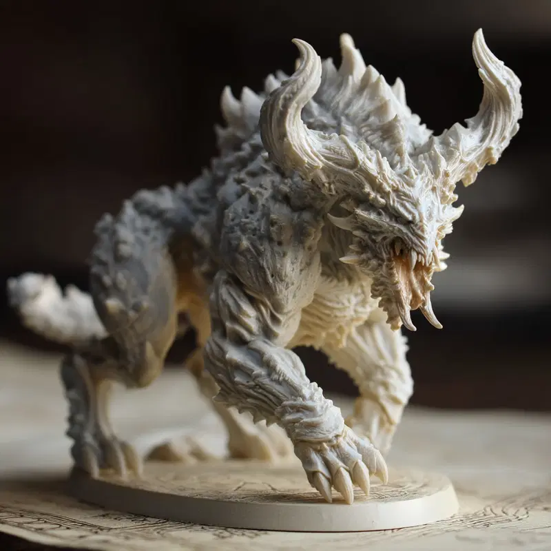 Detailed miniature sculpture of a fierce fantasy creature with horns and claws