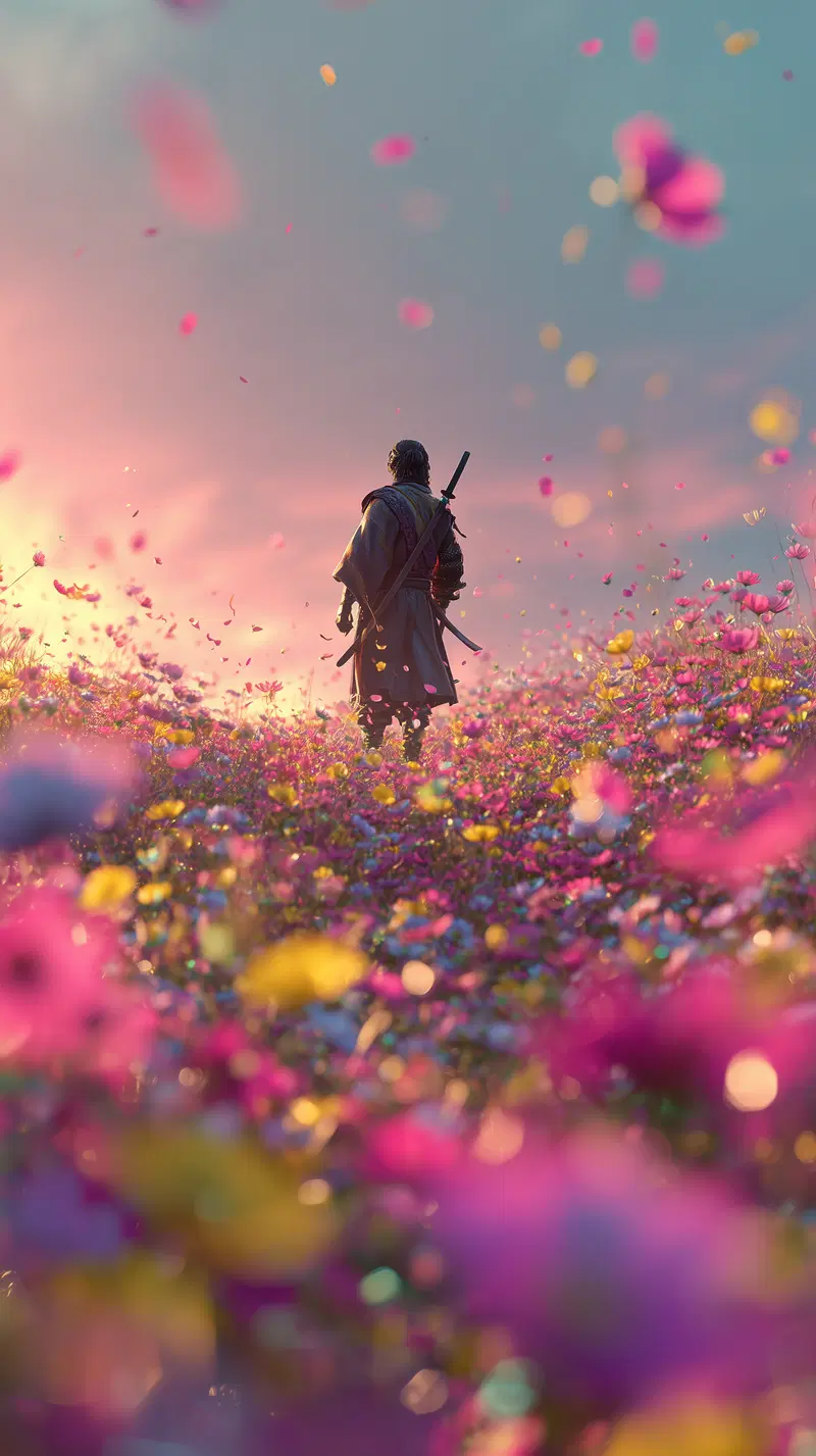 Fantasy character walking through a vibrant, flower-filled field at sunset