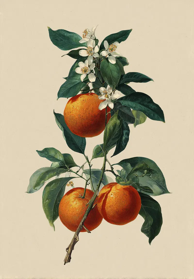 Detailed botanical illustration of a citrus branch with fruits and flowers
