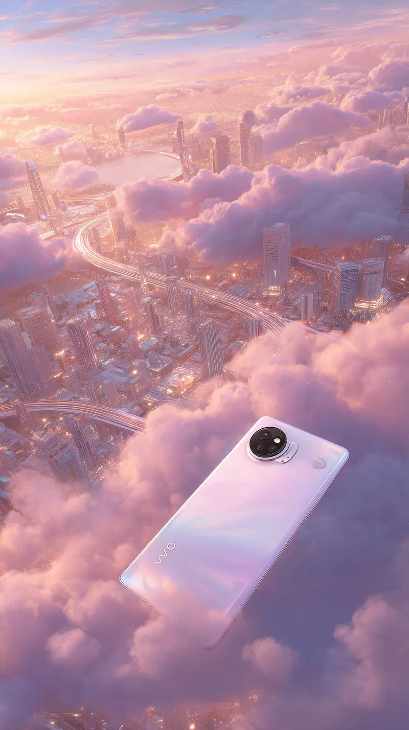 Futuristic 3D render of a smartphone floating above a cityscape in clouds
