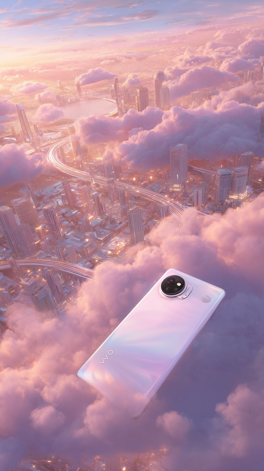 A 3D rendered image showing a sleek smartphone floating amidst pink and purple fluffy clouds over a sprawling city with skyscrapers and illuminated roads at sunset.