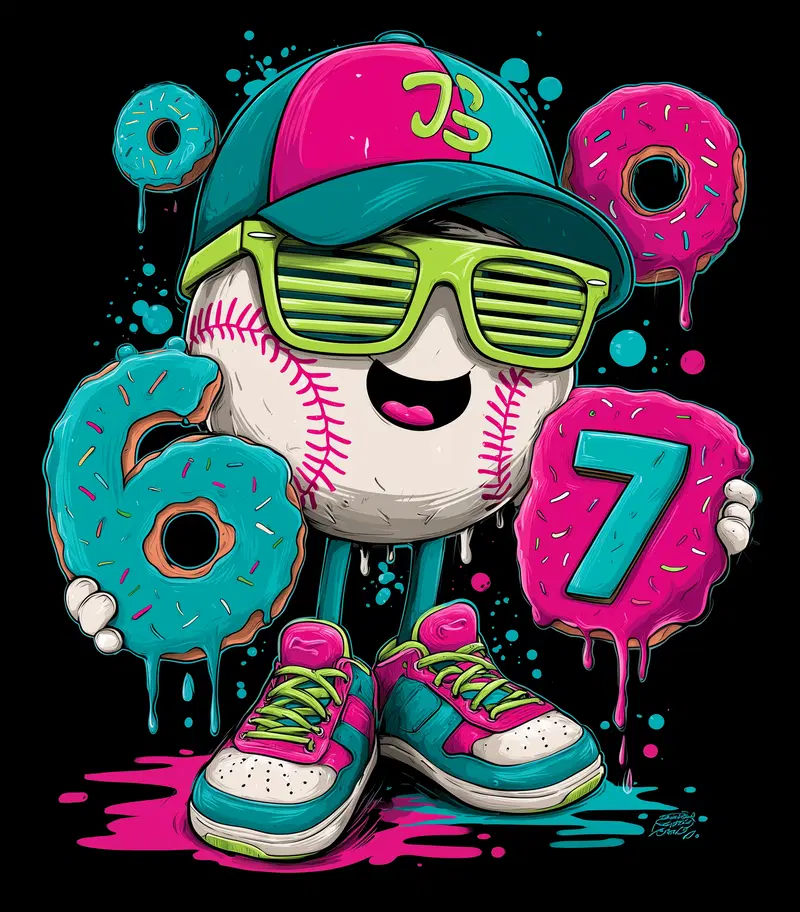 Cartoon-style baseball character holding donut-shaped numbers 6 and 7 with vibrant colors
