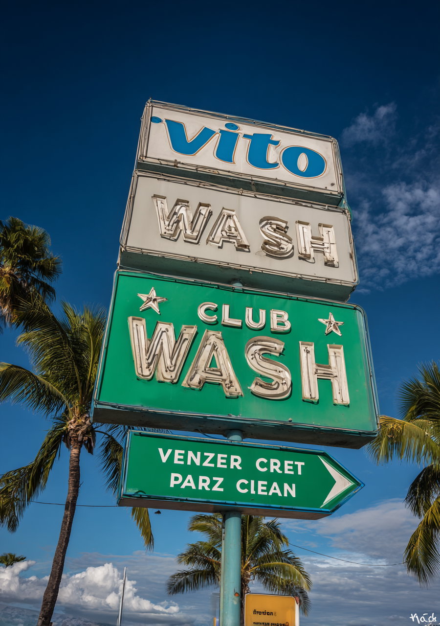 A vintage neon sign for a car wash with the text 'vito WASH Club WASH' and a green arrow with 'VENZER CRET PARZ CLEAN' on it, surrounded by palm trees and under a bright blue sky with some clouds.