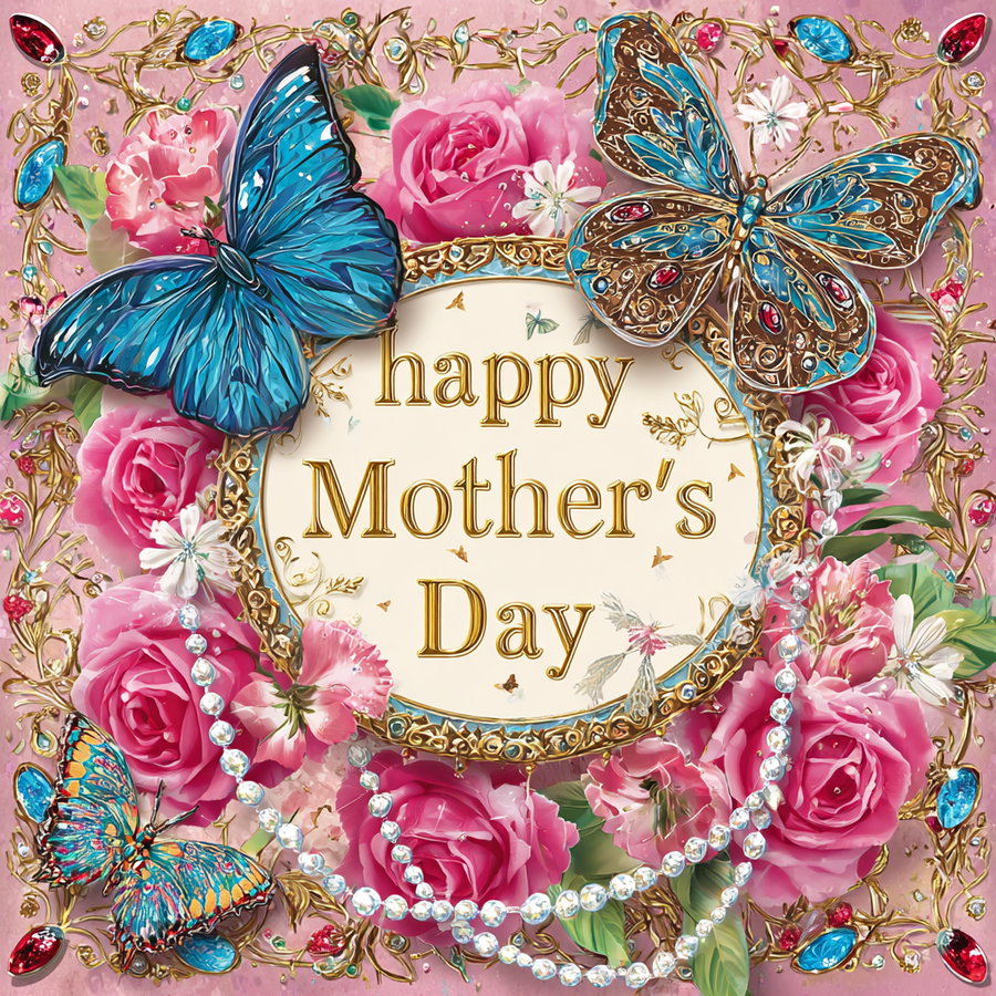 Decorative Mother's Day card with gold-framed text, pink roses, blue butterflies, and pearl strands on a pink background
