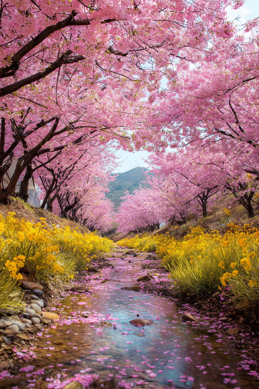 A clear stream with pink cherry blossom petals floating on the water, flanked by trees with dense pink blossoms and bright yellow flowers along the banks, under a partly cloudy sky with a mountain in the background