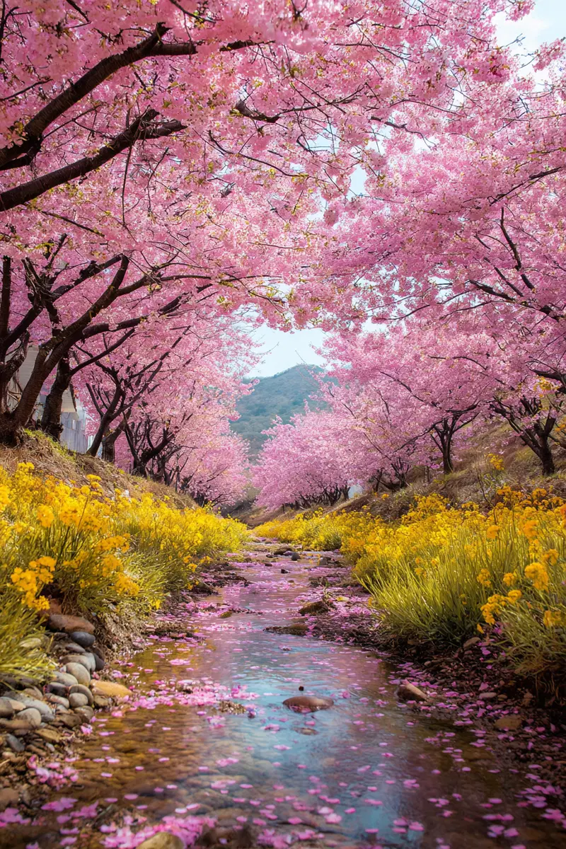 Scenic view of a stream surrounded by blooming cherry blossoms and yellow flowers