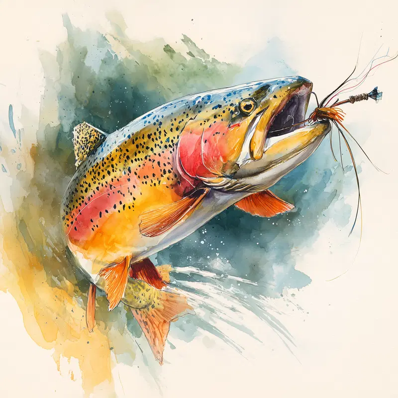 Detailed watercolor painting of a trout fish with vibrant colors and fishing lure