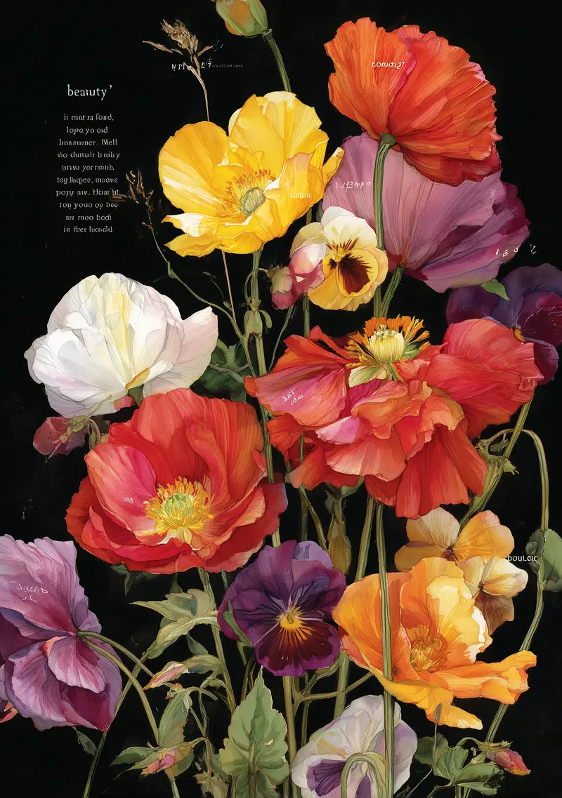 Detailed and vibrant floral botanical illustration with assorted colorful flowers on black background