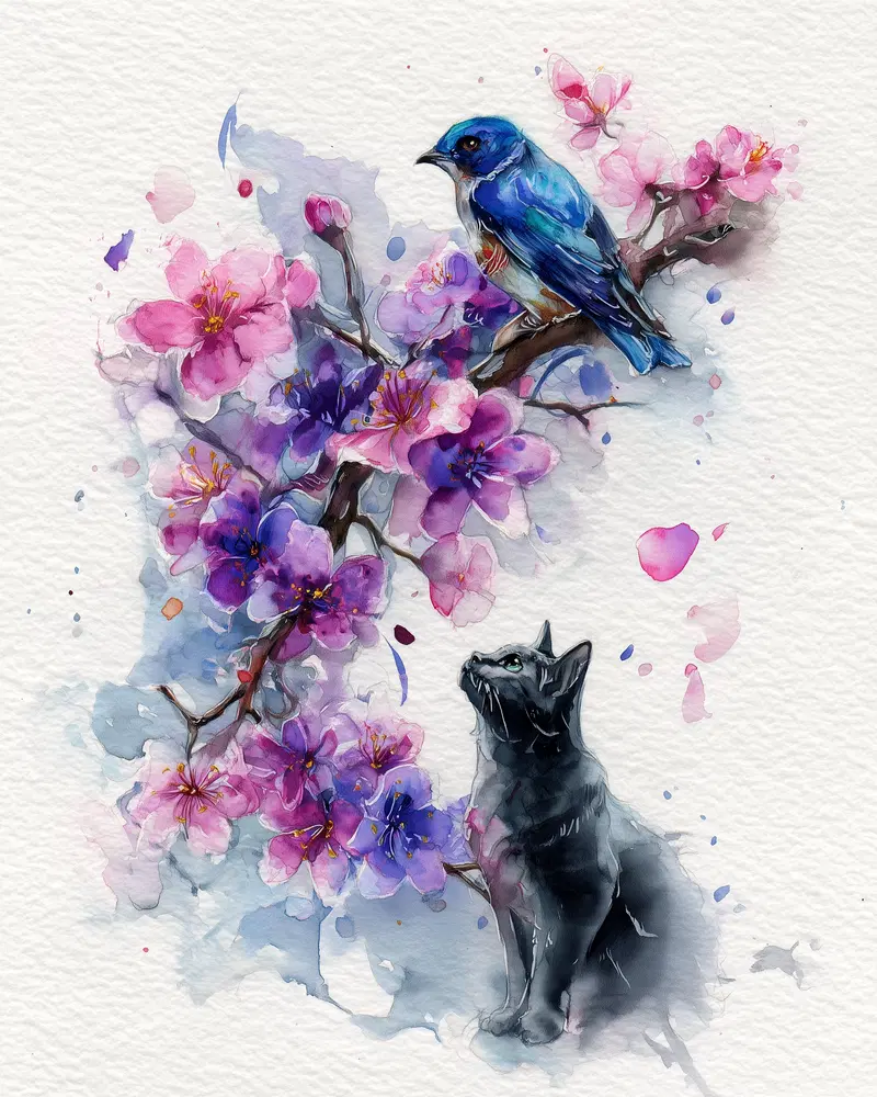 Watercolor painting of a black cat looking up at a blue bird on blooming pink and purple cherry blossoms