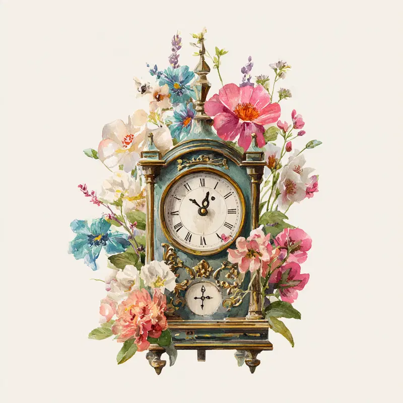 Vintage clock surrounded by a variety of colorful flowers in watercolor style