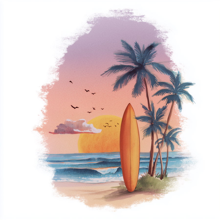 A digital watercolor painting depicting a beach at sunset with an orange surfboard standing upright in the sand, palm trees nearby, gentle ocean waves, a large yellow-orange sun setting, pink and purple sky, and birds flying.