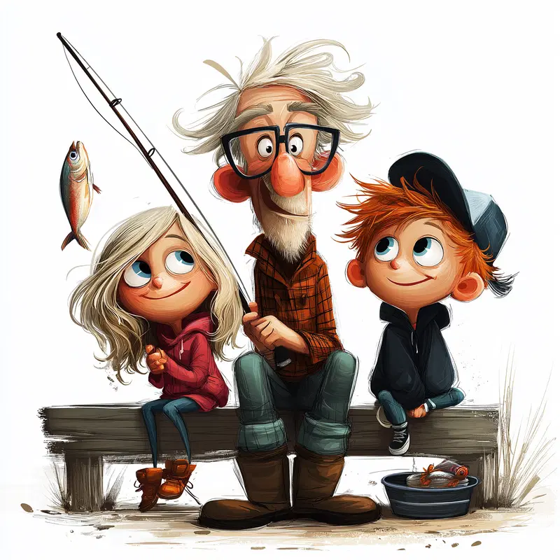Whimsical digital illustration of a joyful elderly man fishing with two children