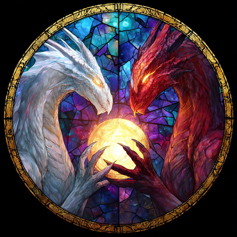 A circular stained glass style artwork showing a white dragon on the left and a red dragon on the right, both with glowing eyes and sharp claws holding a bright glowing orb in the center