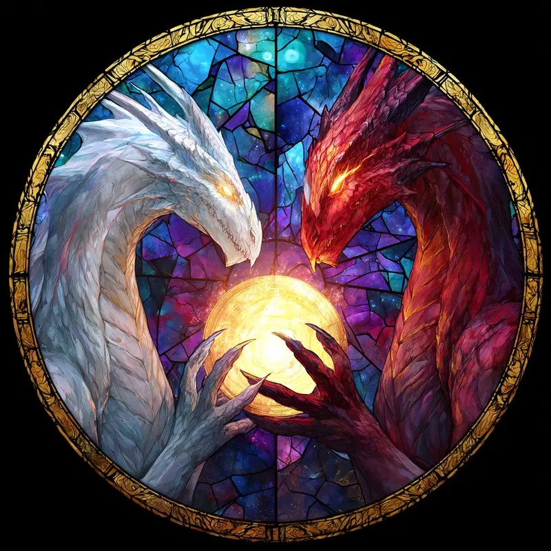 Detailed fantasy depiction of white and red dragons holding a glowing orb