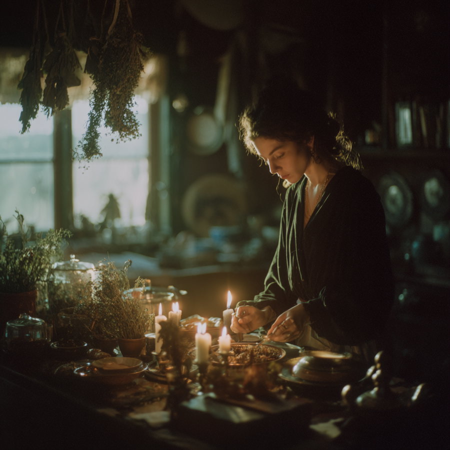 A woman with dark hair tied back is focused on preparing food at a dimly lit table filled with lit candles and dried herbs, in a cozy, rustic kitchen setting.
