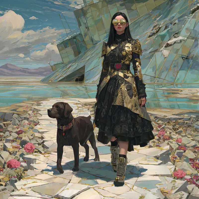 A woman in futuristic golden armor walks with a dog on a shattered floral path