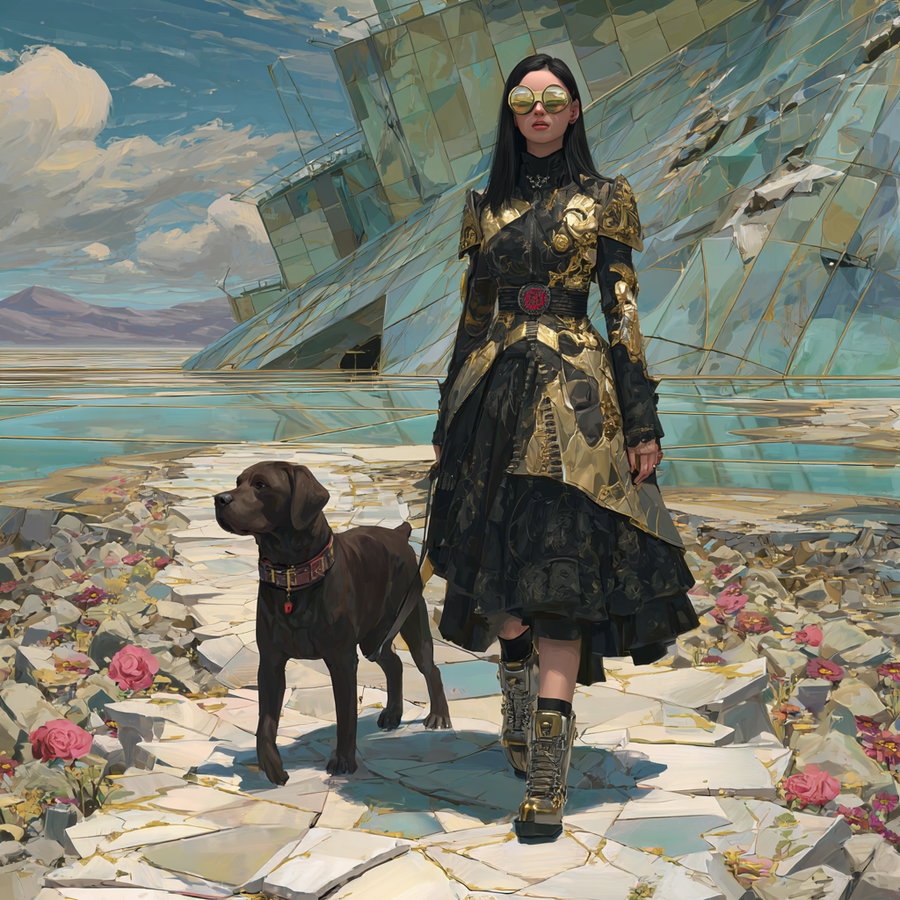 A woman wearing black and golden armor and reflective sunglasses walks alongside a black dog on a fragmented path decorated with pink flowers, with a modern glass building and cloudy sky in the background.