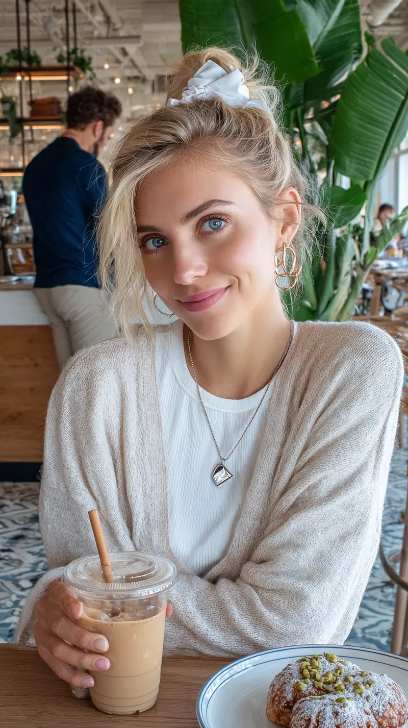 Portrait of a young woman enjoying a drink and pastry in a cafe with greenery